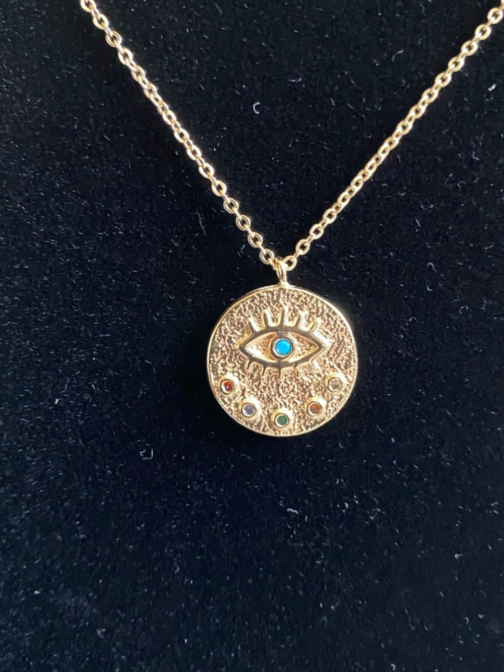 Gold Tone Evil Eye Round Pendant Necklace with Multicolor Accents